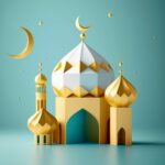 A mosque with the crescent moon hanging over it