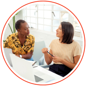 Photo shows two people in conversation